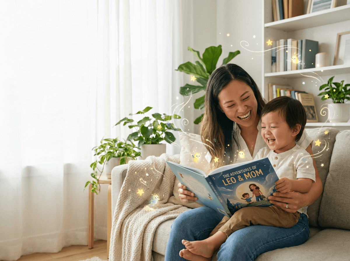 Parent and child enjoying a personalized ForeverBook story together